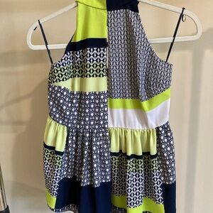 Kaari Blue Asymmetrical Pleated Halter Style Top in Navy Blue and Lime Green